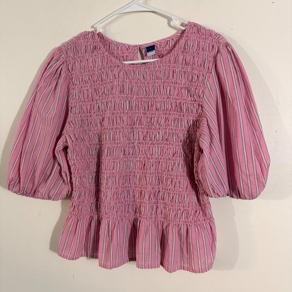 Old Navy Smocked Blouse Womens Large Pink Striped Puff Sleeve Top